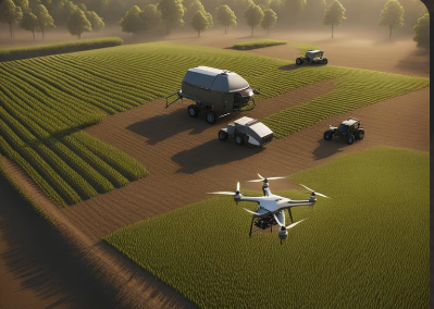 Drone monitoring farmland with tractors