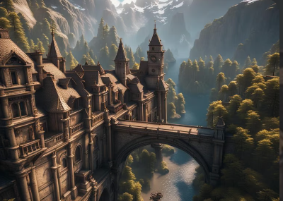 Cinematic aerial shot of a castle and bridge