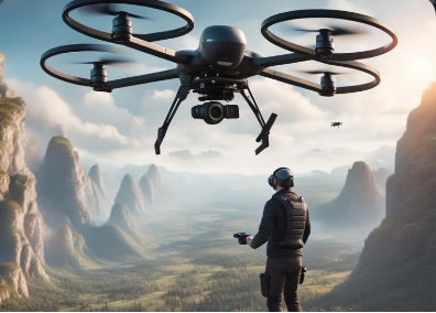 Drone pilot flying over a valley