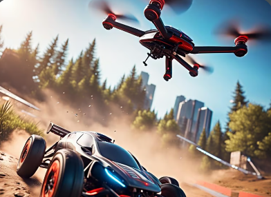 Racing drone chasing an off-road car